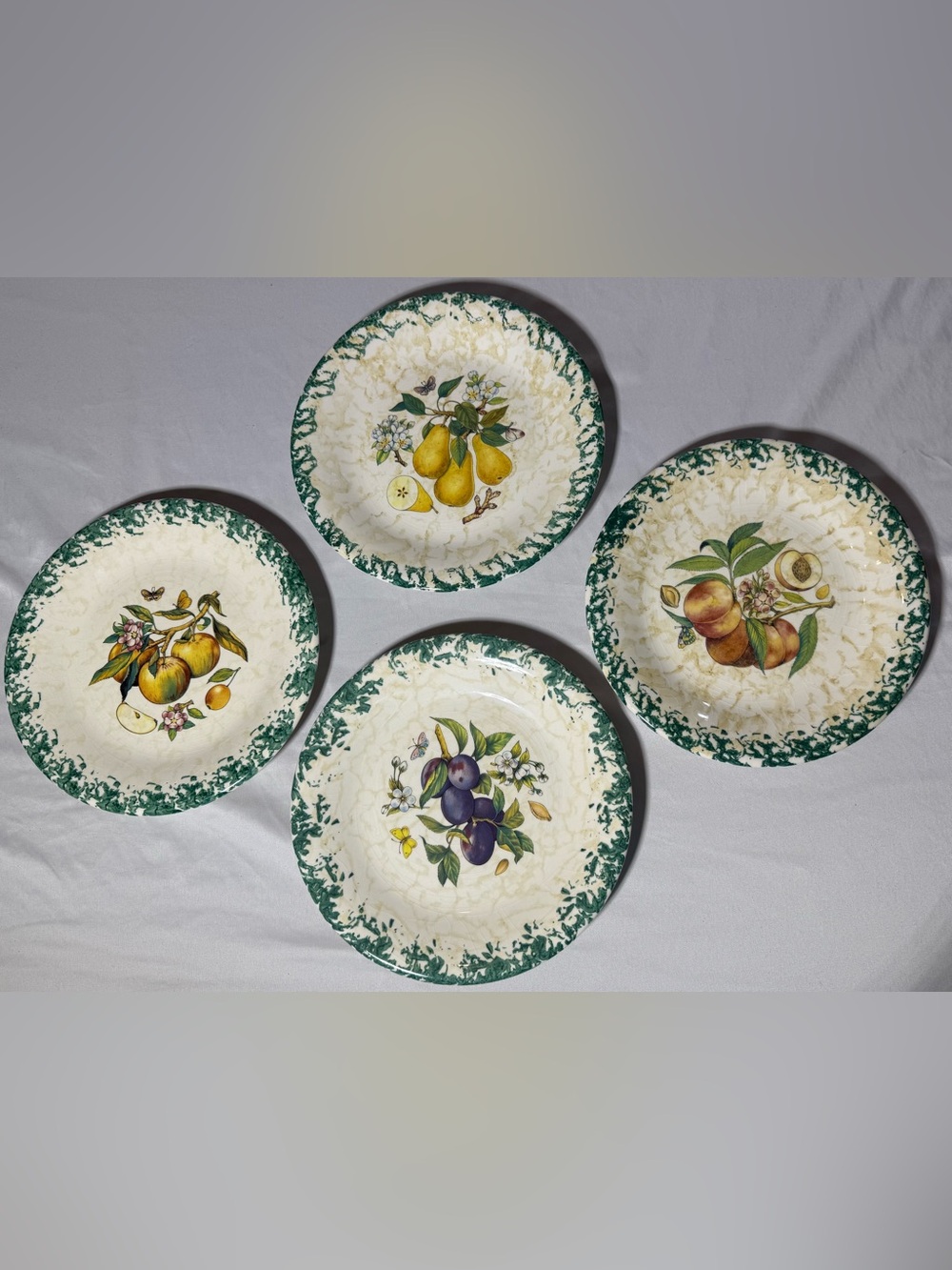Green-Trim Fruit Motif Ceramic Dinner Plates - Set of 4